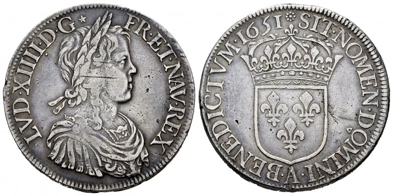 Francia. Luis XIV. 1 ecu. 1651. París. A. (Km-155.1). (Duplessy-1469). Ag. 27,28...
