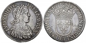 Francia. Luis XIV. 1 ecu. 1651. París. A. (Km-155.1). (Duplessy-1469). Ag. 27,28 g. Roseta al comienzo de la leyenda. Rayitas de ajuste y pequeñas mar...