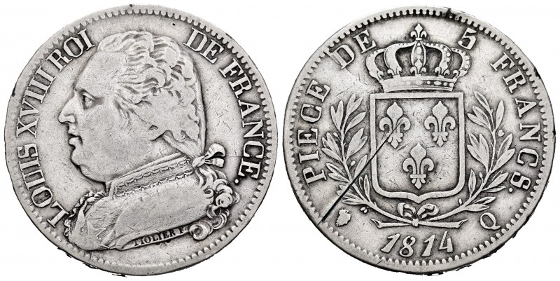 Francia. Louis XVIII. 5 francos. 1814. Perpignan. Q. (Km-711). (Gad-614). Ag. 24...