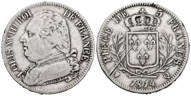 Francia. Louis XVIII. 5 francos. 1814. Perpignan. Q. (Km-711). (Gad-614). Ag. 24,68 g. Raya . MBC-. Est...75,00. English: France. Louis XVIII. 5 franc...