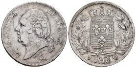 Francia. Louis XVIII. 5 francos. 1816. Perpignan. Q. (Km-744.11). (Gad-614). Ag. 24,75 g. Raya en anverso. MBC-. Est...30,00. English: France. Louis X...