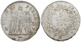 Francia. I República. 5 Francos. L´AN 5. Burdeos. K. (Km-639.5). Ag. 24,89 g. Escasa. MBC. Est...200,00. English: France. I Republic. 5 Francos. L´AN ...
