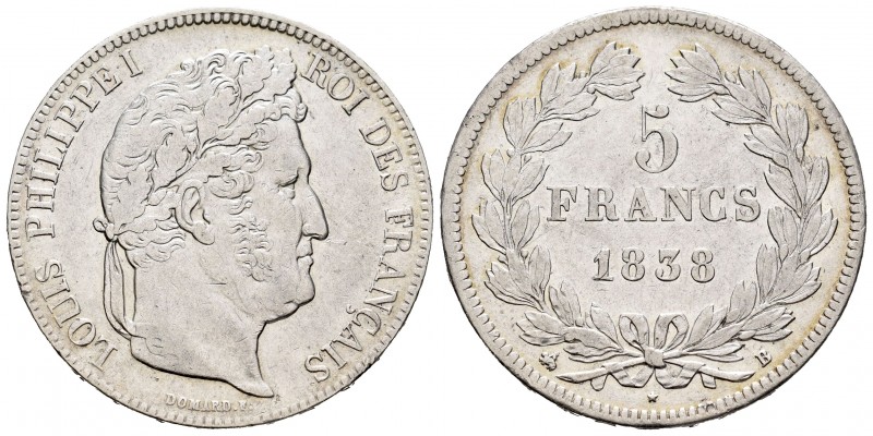 Francia. Luis Felipe I. 5 francos. 1838. Rouen. B. (Km-749.2). Ag. 24,84 g. MBC....