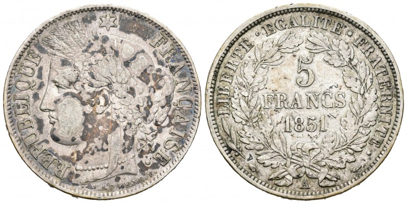 Francia. II República. 5 francos. 1851. París. A. (Km-761.1). (Gad-719). Ag. 24,...