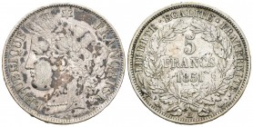 Francia. II República. 5 francos. 1851. París. A. (Km-761.1). (Gad-719). Ag. 24,77 g. Pátina irregular. MBC+. Est...15,00. English: France. II Republi...