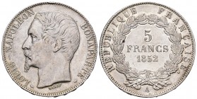 Francia. Napoleón III. 5 francos. 1852. París. A. (Km-773.1). (Gad-726). Ag. 24,76 g. Limpiada. Golpecito en el canto. MBC+. Est...30,00. English: Fra...