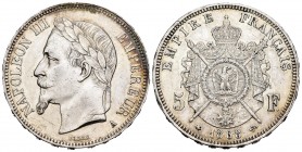 Francia. Napoleón III. 5 francos. 1868. París. A. (Km-799.1). (Gad-739). Ag. 25,06 g. EBC-/MBC+. Est...40,00. English: France. Napoleon III. 5 francos...
