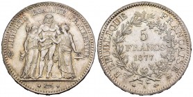 Francia. III República. 5 francos. 1877. París. A. (Km-820.1). (Gad-745a). Ag. 24,98 g. Restos de brillo original. EBC+. Est...30,00. English: France....