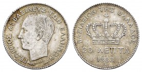 Grecia. George I. 20 lepta. 1883. París. A. (Km-57). Ag. 0,99 g. Golpecito en el canto. EBC. Est...40,00. English: Greece. George I. 20 lepta. 1883. P...
