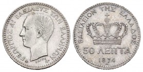 Grecia. George I. 50 lepta. 1874. París. A. (Km-37). Ag. 2,49 g. MBC+. Est...25,00. English: Greece. George I. 50 lepta. 1874. Paris. A. (Km-37). Ag. ...