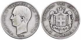 Grecia. George I. 2 dracmas. 1873. París. A. (Km-39). Ag. 9,80 g. Escasa. BC+. Est...30,00. English: Greece. George I. 2 dracmas. 1873. Paris. A. (Km-...