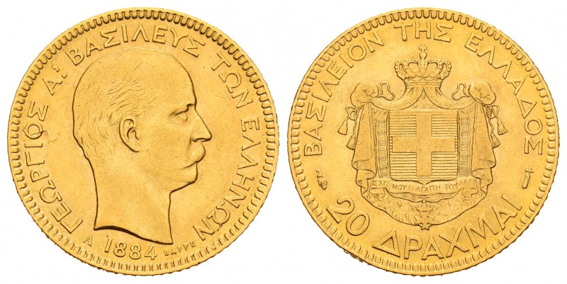 Grecia. George I. 20 dracmas. 1884. París. A. (Km-56). Au. 6,43 g. Golpecito en ...