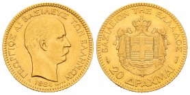 Grecia. George I. 20 dracmas. 1884. París. A. (Km-56). Au. 6,43 g. Golpecito en el canto. MBC+. Est...260,00. English: Greece. George I. 20 dracmas. 1...