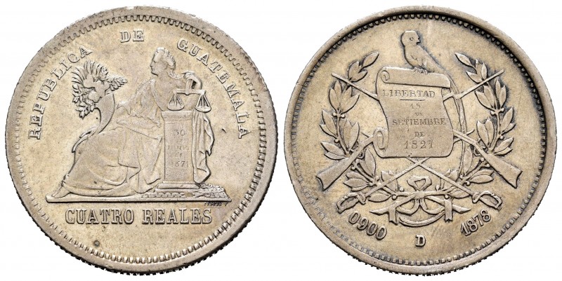 Guatemala. 4 reales. 1878. D. (Km-150). Ag. 12,43 g. Tirada de 10.000 piezas. Es...