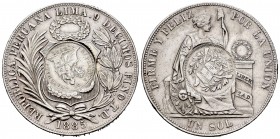 Guatemala. 1 peso. 1894. (Km-221 variante). Ag. 24,95 g. Resello de 1/2 real de Guatemala de 1894, para circular, con valor de 1 peso, sobre una oieza...