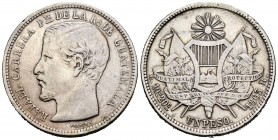 Guatemala. 1 peso. 1863. R. (Km-182). Ag. 24,40 g. Restos de soldadura en el canto. MBC-. Est...20,00. English: Guatemala. 1 peso. 1863. R. (Km-182). ...