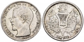 Guatemala. 1 peso. 1865. R. (Km-182). Ag. 24,83 g. R grande. MBC-. Est...45,00. English: Guatemala. 1 peso. 1865. R. (Km-182). Ag. 24,83 g. R grande. ...