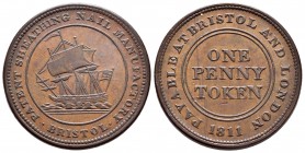 Gran Bretaña. George III. 1 penny - Token. 1811. Somersetshire. Bristol. (Withers-463a). Anv.: PATENT SHEATHING NAIL MANUFACTORY. BRISTOL. Barco naveg...