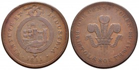 Gran Bretaña. George III. 1 penny - Token. 1811. Bristol. (Withers-540). Anv.: VIRTUTE ET INDUSTRIA. Armas de la ciudad de Bristol. Rev.: BRISTOL & SO...