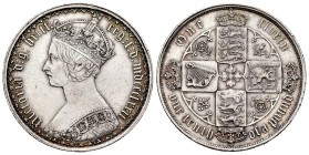Gran Bretaña. Victoria. Florín. 1872. (S-3893). (Km-746.2,). Ag. 11,33 g. Fecha en números romano. Golpecitos en canto. Muy escasa. EBC-/EBC. Est...90...