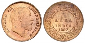 India Británica. Edward VII. 1/12 anna (1 pie). 1907. Calcutta. (Km-498). Ae. 1,56 g. Brillo original. SC. Est...50,00. English: British India. Edward...