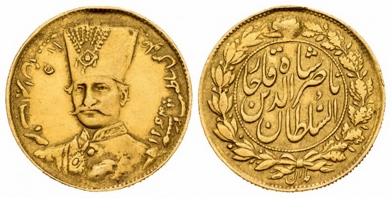 Irán. Naser al-Din Shah Qajar. 1 toman (10.000 dinares). 1305 H (1887/8). Teherá...