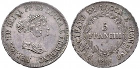 Italia. Ducado de Lucca. Felice y Elisa. 5 franchi. 1805. (Km-24.1). (Pagani-251). (Mont-432). Ag. 24,79 g. Fallito en anverso y pequeñas marcas. EBC-...