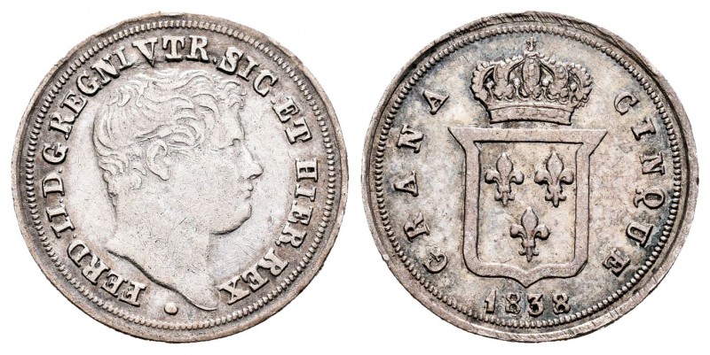 Italia. Nápoles y Sicilia. Ferdinando II. 5 grana. 1838. (Km-149). (Pagani-314)....
