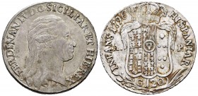 Italia. Nápoles y Sicilia. Ferdinando IV. Infante de España. 120 grana. 1796. AP. (Dav-1409). (Mir-373/1). Ag. 27,59 g. Tono. MBC+. Est...120,00. Engl...