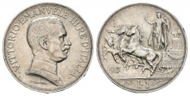 Italia. Vittorio Emanuele III. 1 lira. 1917. (Km-57). Ag. 5,01 g. EBC+. Est...25,00. English: Italy. Vittorio Emanuele III. 1 lira. 1917. (Km-57). Ag....