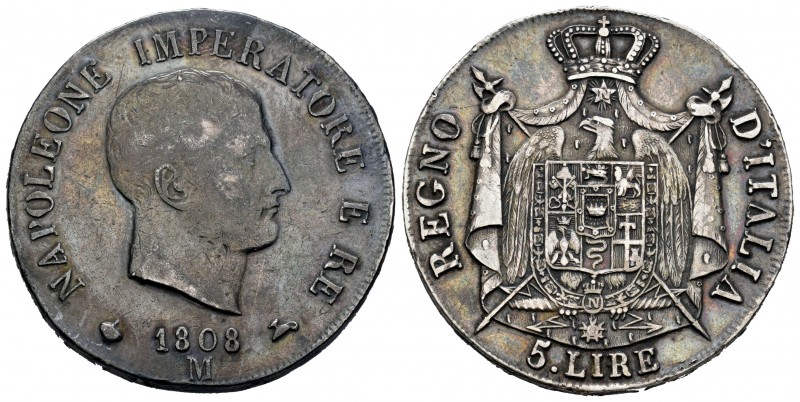 Italia. Napoleón Bonaparte. 5 liras. 1808. Milán. M. (Km-10.1). (Mir-Milano 480/...