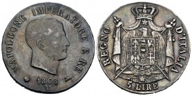 Italia. Napoleón Bonaparte. 5 liras. 1808. Milán. M. (Km-10.1). (Mir-Milano 480/2). Ag. 24,84 g. Bonita pátina de monetario. MBC/MBC+. Est...120,00. E...