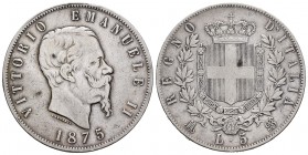 Italia. Vittorio Emanuele II. 5 liras. 1875. Milán. BN. (Km-8.4). (Pagani-499). (Mont-184). Ag. 24,56 g. BC+. Est...25,00. English: Italy. Vittorio Em...