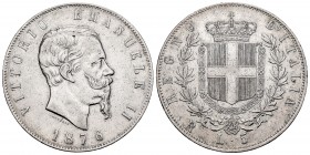 Italia. Vittorio Emanuele II. 5 liras. 1876. Roma. (Mont-188). (Km-8.4). Ag. 24,91 g. MBC-. Est...40,00. English: Italy. Vittorio Emanuele II. 5 liras...
