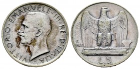 Italia. Vittorio Emanuele III. 5 liras. 1929. Roma. R. (Km-67.1). Ag. 4,96 g. MBC+. Est...18,00. English: Italy. Vittorio Emanuele III. 5 liras. 1929....