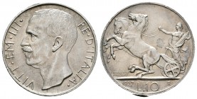 Italia. Vittorio Emanuele III. 10 liras. 1927. (Km-68.1). Ag. 10,01 g. Golpecitos en el canto. EBC+. Est...35,00. English: Italy. Vittorio Emanuele II...