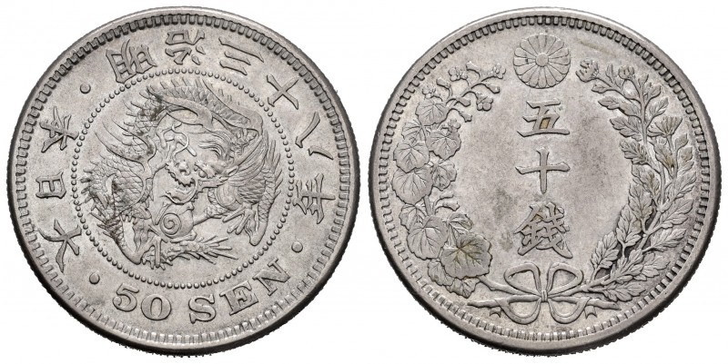 Japón. Mutsuhito. 50 sen. Año 38 (1905). (Km-Y25). Ag. 13,46 g. MBC+. Est...20,0...