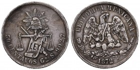 México. 50 centavos. 1872. Guanajuato. S. (Km-407.4). Ag. 13,46 g. Tono. MBC. Est...30,00. English: Mexico. 50 centavos. 1872. Guanajuato. S. (Km-407....
