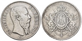 México. Maximiliano. 1 peso. 1867. México. (Km-388.1). Ag. 26,92 g. MBC-. Est...50,00. English: Mexico. Maximiliano. 1 peso. 1867. México. (Km-388.1)....