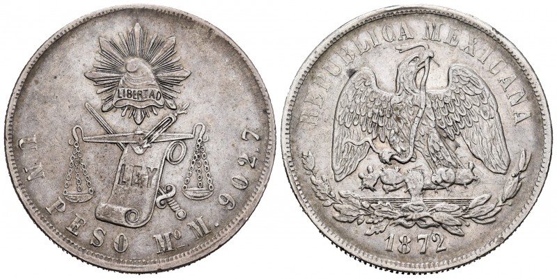 México. 1 peso. 1872. México. (Km-408.5). Ag. 26,78 g. Golpecito en el canto. MB...