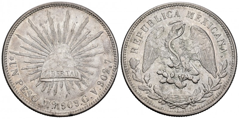 México. 1 peso. 1909. México. GV. (Km-409.2). Ag. 27,00 g. EBC. Est...40,00. Eng...