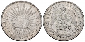 México. 1 peso. 1909. México. GV. (Km-409.2). Ag. 27,00 g. EBC. Est...40,00. English: Mexico. 1 peso. 1909. México. GV. (Km-409.2). Ag. 27,00 g. XF. E...