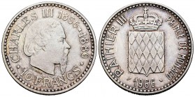 Mónaco. Rainiero III. 10 francos. 1966. (Km-146). (Gad-155). Ag. 24,93 g. 110º Aniversario de la Coronación de Charles III. Anverso ligeramente limpia...