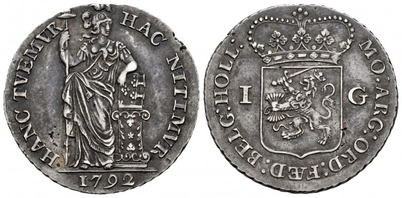 Países Bajos. 1 gulden. 1792. (Km-73). Ag. 10,36 g. Golpes en el canto. Pátina. ...