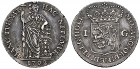 Países Bajos. 1 gulden. 1792. (Km-73). Ag. 10,36 g. Golpes en el canto. Pátina. MBC+. Est...70,00. English: Low Countries. 1 gulden. 1792. (Km-73). Ag...