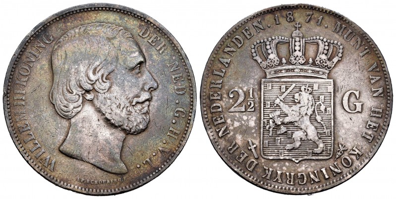 Países Bajos. Wilhelm II. 2 1/2 gulden. 1871. (Km-82). Ag. 24,75 g. Golpecitos e...