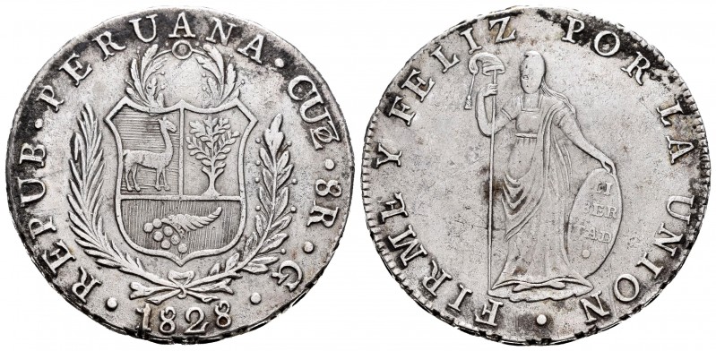 Perú. 8 reales. 1828. Cuzco. G. (Km-142.2). Ag. 26,38 g. Oxidaciones limpiadas. ...