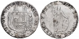 Perú. 8 reales. 1828. Cuzco. G. (Km-142.2). Ag. 26,38 g. Oxidaciones limpiadas. MBC+. Est...200,00. English: Peru. 8 reales. 1828. Cuzco. G. (Km-142.2...