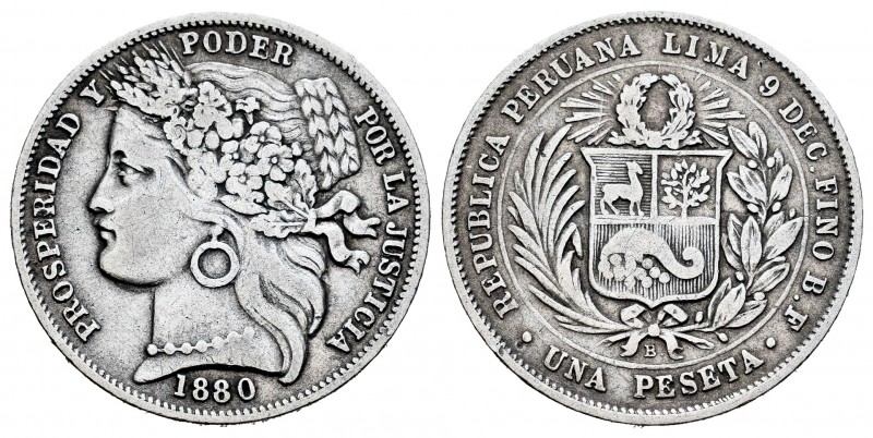 Perú. 1 peseta. 1880. Lima. BF. (Km-200.1). Ag. 4,91 g. MBC-. Est...15,00. Engli...