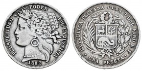 Perú. 1 peseta. 1880. Lima. BF. (Km-200.1). Ag. 4,91 g. MBC-. Est...15,00. English: Peru. 1 peseta. 1880. Lima. BF. (Km-200.1). Ag. 4,91 g. Almost VF....